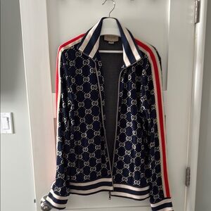 Gucci Blue and Red Bomber Jacket with Monogram Pattern